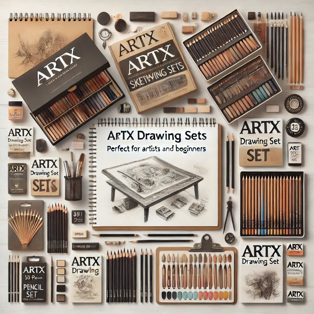 ArtX Zeichensets für Künstler und Anfänger, inklusive Skizzenbuch, Bleistifte, Kohlestifte und Radiergummi, auf einem Schreibtisch arrangiert.
